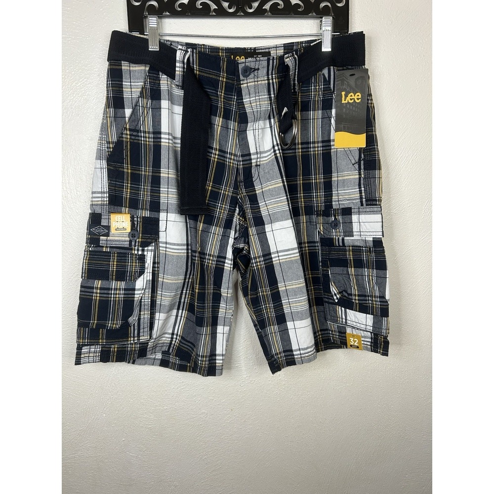 NWT Lee Men's Wyoming Belted Cargo Shorts Plaid Navy Munro 32 Dungarees Cotton